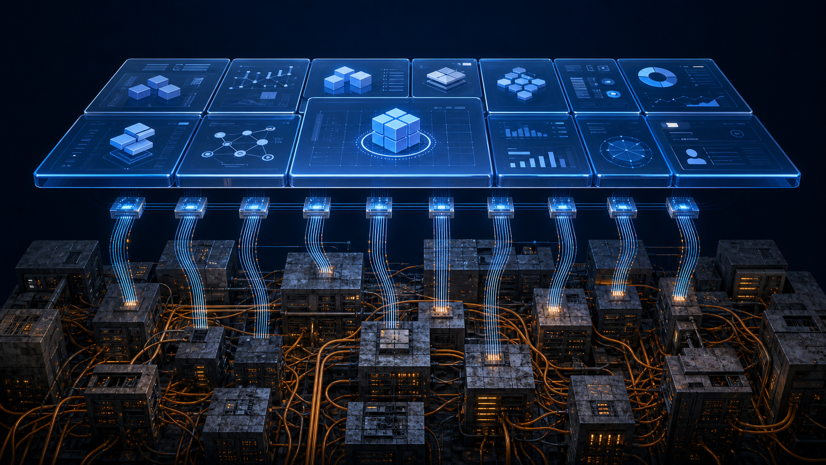 Modern digital interface above a fragmented legacy infrastructure connected by API pathways