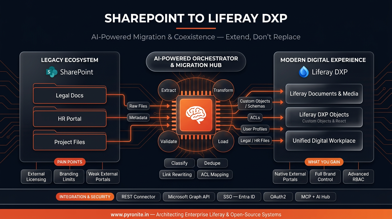 AI-powered orchestration and migration hub moving SharePoint legal docs, HR portal and project files into Liferay DXP — documents, objects and unified digital workplace. Diagram by Pyronite.