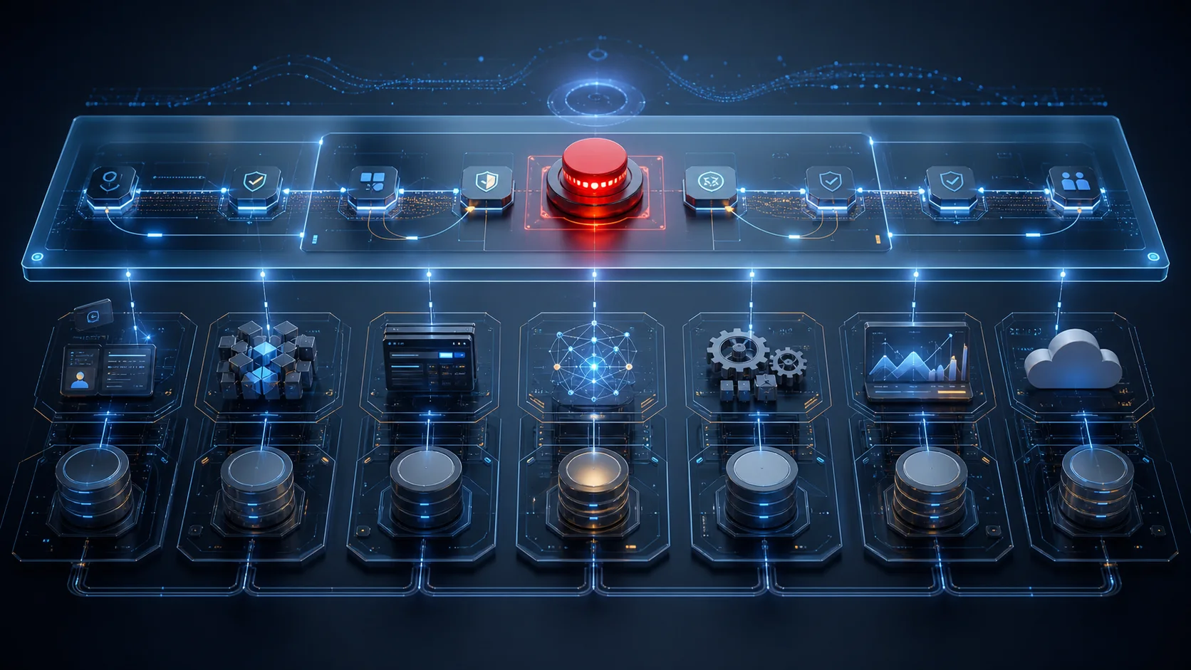 Governance layer with approvals, audit trails, and emergency stop above enterprise modules