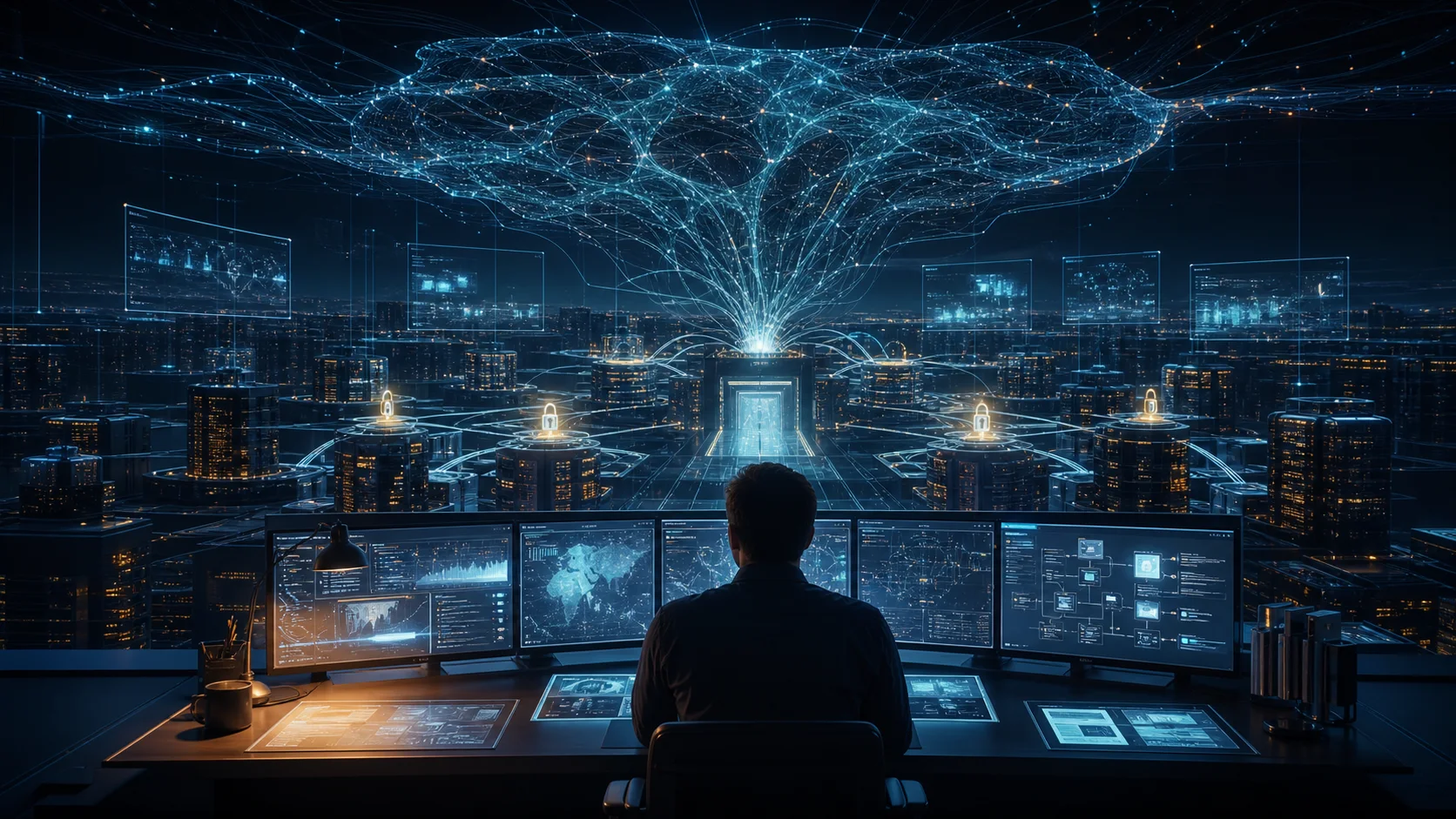 An abstract intelligence connected to enterprise portals, databases, and secure gateways
