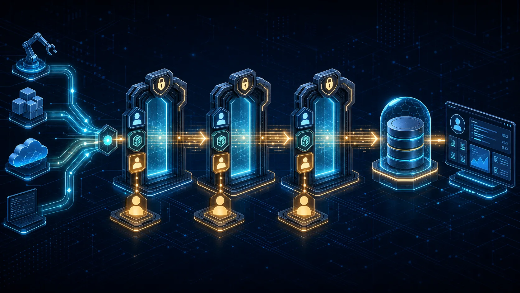 AI workflow passing through identity, scope, and approval gates before reaching enterprise data